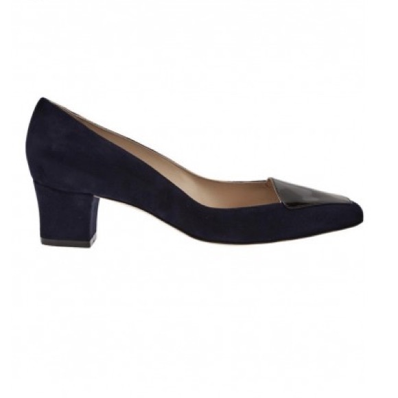 Oscar de la Renta Navy Runway Riley Square Toe Suede Patent Block Pumps - Picture 2 of 9